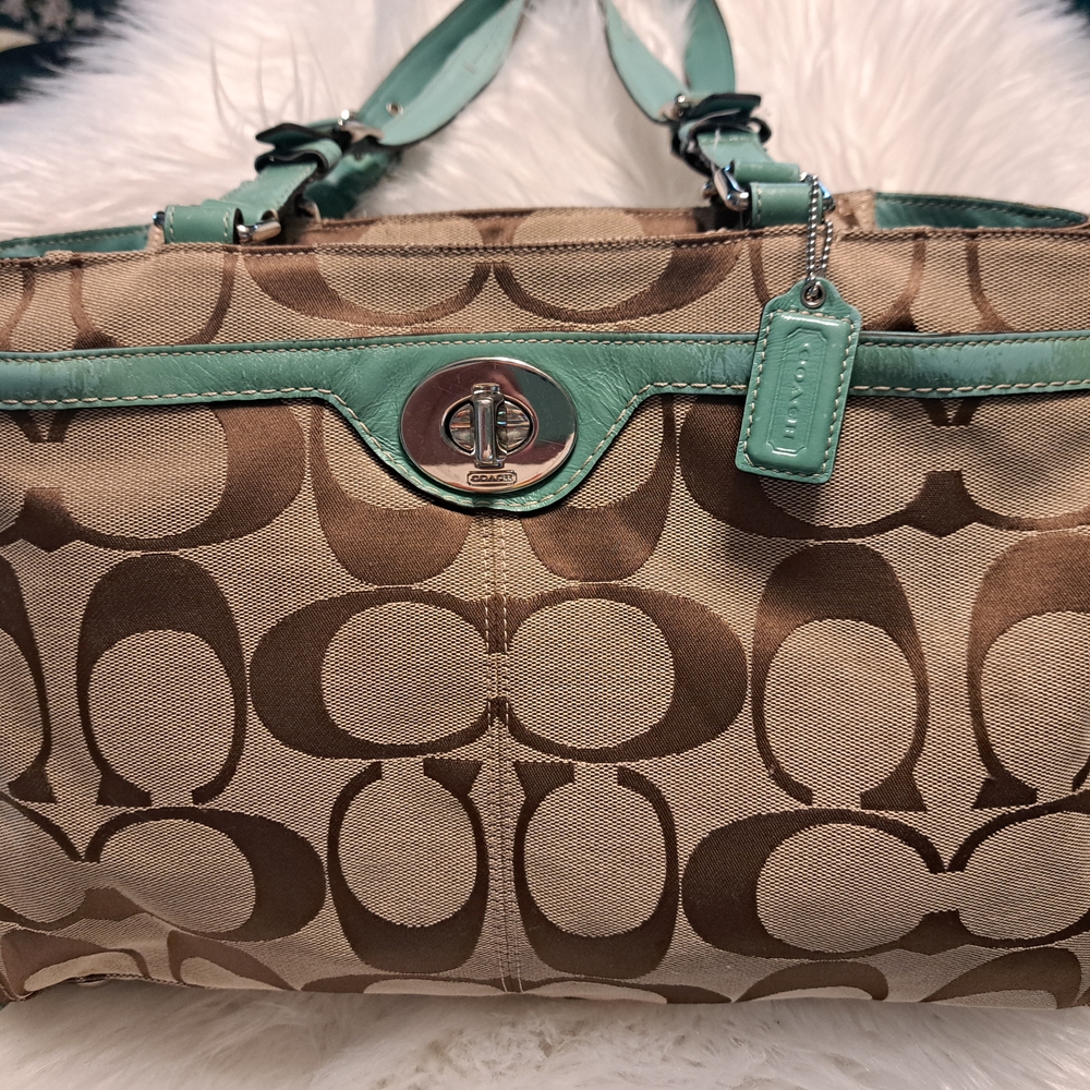 Coach Brown and Teal Signature Shoulder Bag
